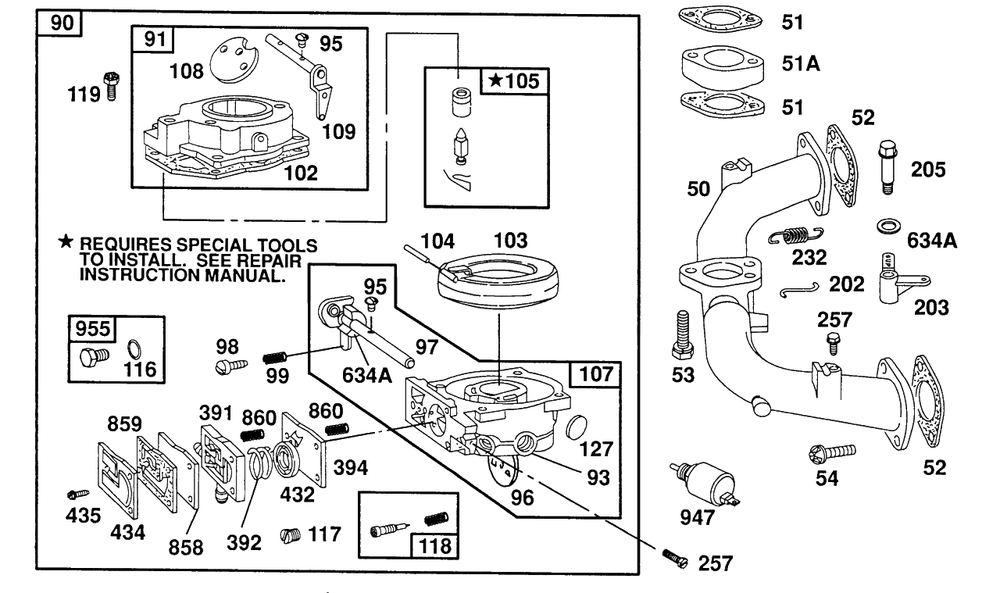 Carburetor Assembly,manifold Diagram and Parts List for 400707-0102-XX  Briggs and Stratton Engine